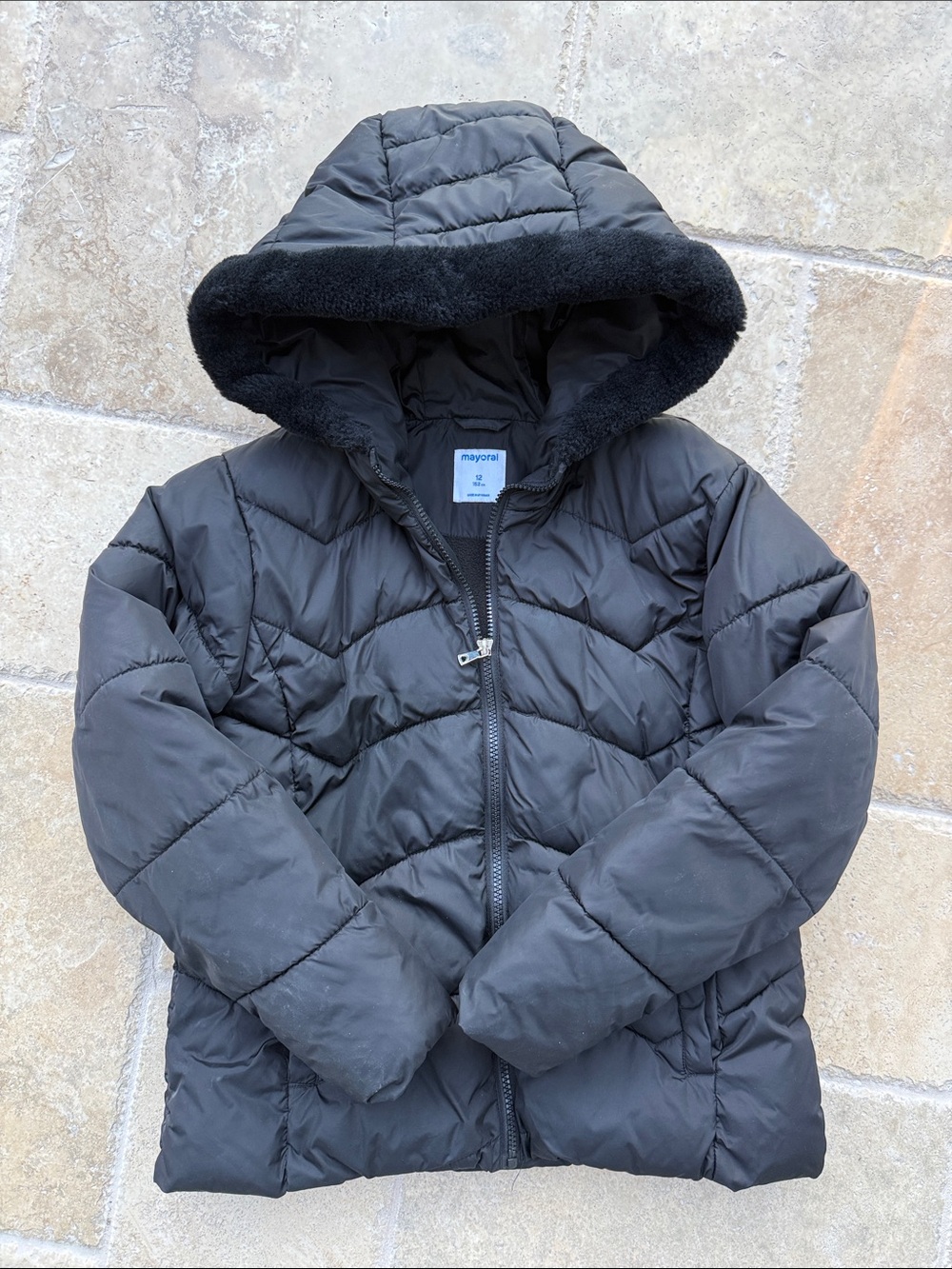 Mayoral Black Quilted Hooded Puffer Jacket with Faux-Fur Trim